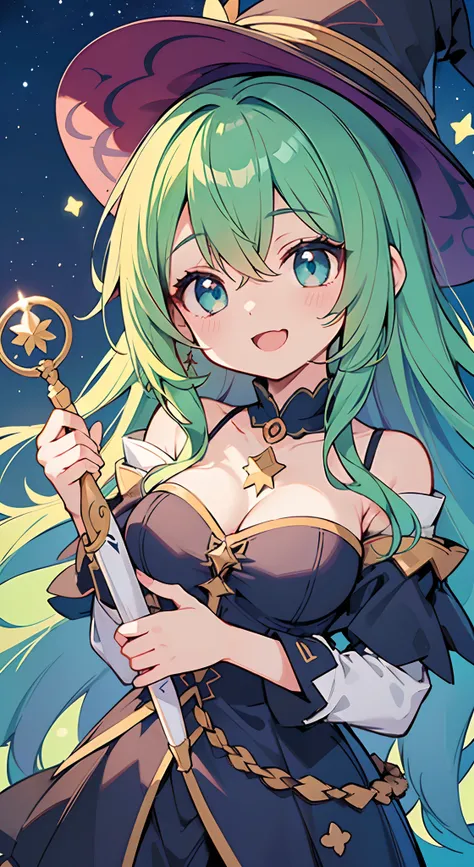 ((Pretty witch with green hair and blue eyes))、witch hat、magic wand、Loli face、((master piece、top-quality、ultra-definition、high resolution))、anime girl、((ultra-detailed illust:1.2))、only one person、bangs、hair between eye、beautiful hair、Beautiful eyes、Medium...