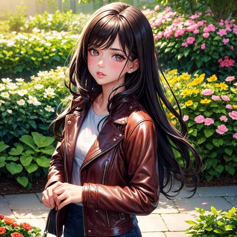 Realistic, 1girl in, Dark hair, dark brown eyes, Bright eyes, Split lips, blush, Cute, garden, day, Flowers. leather jackets，girl，