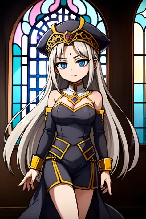 ((master piece, best quality)) VALKYRIEPROFILEFREYA, 1 ​​girl, alone, long hair, silver hairstyle, blue eyes, round hat, black hat, black dress, in an ivory cathedral, surrounded by colorful stained glass windows