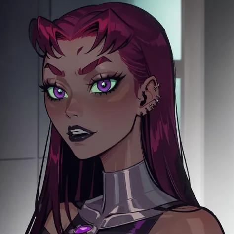 Starfire, dark green eyes, reddish hair, green pupils, piercings, goth, punk, gothic, lip piercing, ear piercing, goth, eye shadow, gothgirl, gothy, detailed face, masterpeice