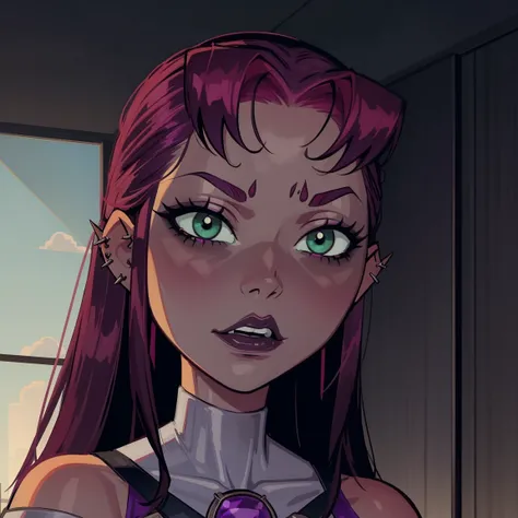 Starfire, dark green eyes, reddish hair, green pupils, piercings, goth, punk, gothic, lip piercing, ear piercing, goth, eye shadow, gothgirl, gothy, detailed face, masterpeice