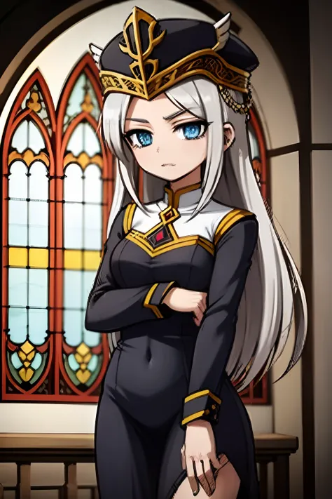 ((master piece, best quality)) VALKYRIEPROFILEFREYA, 1 ​​girl, alone, long hair, silver hairstyle, blue eyes, round hat, black hat, black dress, in an ivory cathedral, surrounded by colorful stained glass windows