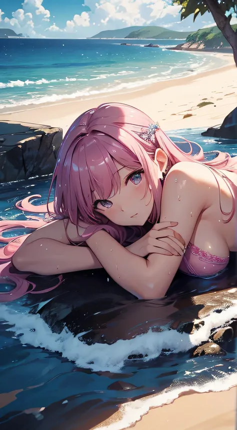 ​masterpiece、Massive landscape（（natta、Mysterious starry sky、Meteor swarm、sea side））、a beauty girl、huge tit、Crystal clear pink bikini、Delicate embroidery、Farbe々Pose、Wet hair、Body is wet、perspiring、lying back、Looking up、Hair is tied up