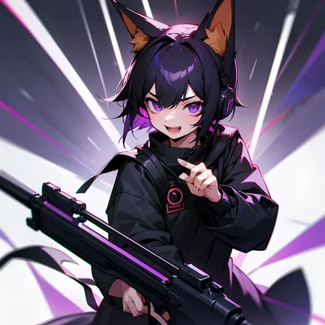 fox ear、Small fangs、A dark-haired、short-hair、a scool girl、Purple eyes、Black Wear、Wearing headphones、I have a gun、