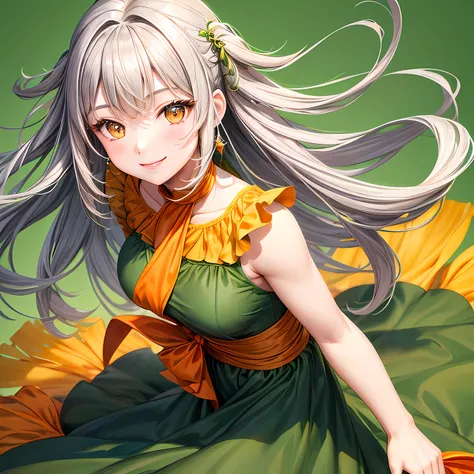 masterpiece, best quality, 1 girl, gray hair, (orange eyes:1.0), (green dress:1.3), simple background, green background, smile