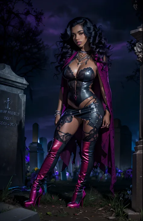 ((21-year-old))) black girl, (((light skin))), (((vampire))), (((New Orleans cemetary, early 20th century night time during mardi grad))), dusk, (((close-up full body pose))),  (((long wavy black hair))), high heel boots, silk thighs, (((wearing torn cloth...