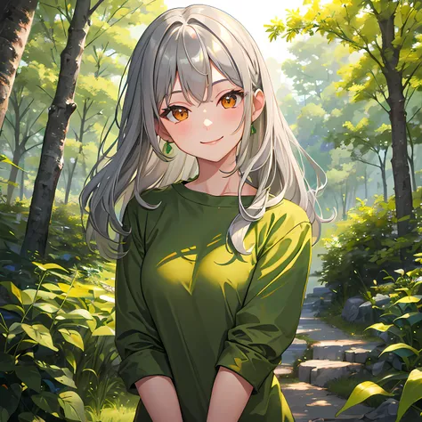 masterpiece, best quality, 1 girl, gray hair, (orange eyes:1.0), (green shirt:1.3), forest, green trees, trail, smile