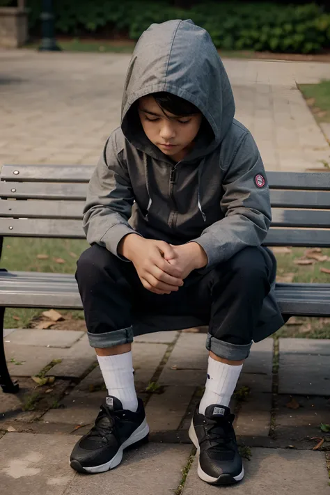 Boy sitting on bench with hood covering his head up to his eyes and looking down realistic full body background