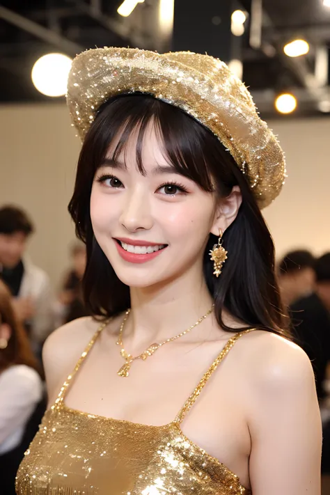 (extra detailed body、extra detailed face、best qualtiy:1.2)、femele、looking at the viewers、(Hats made of large sequin ornaments、Sequins Gold Color、Wacky fashion、a smile、Fancy shoulder-length gold earrings、a necklace、)、(Fashion Show Venues）