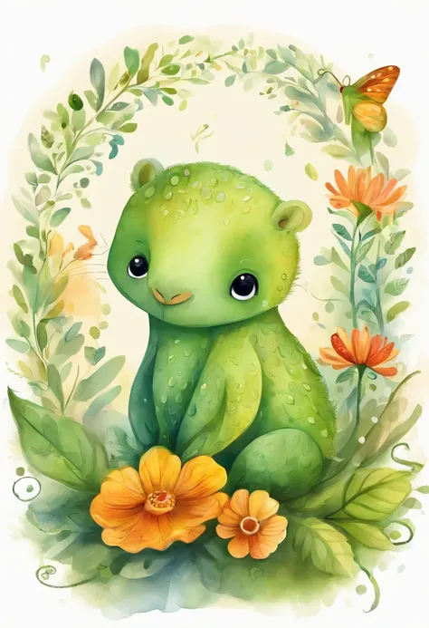 adolable，drak，Babe，Green scales，large round eyes，little wings，Small paws，Naughty expression，is sitting on a rock，Surrounded by flowers，forest backgrou，rays of sunshine，cheerfulness，magical，fanciful，whimsically，Vibrant colors，A detailed，adolable，friendlines...