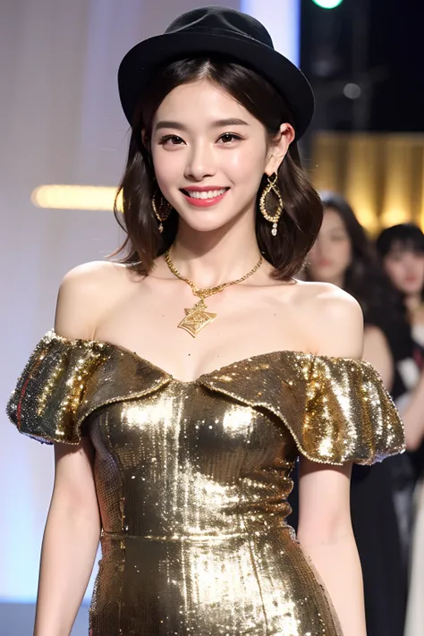 (extra detailed body、extra detailed face、best qualtiy:1.2)、femele、looking at the viewers、(Hats made of large sequin ornaments、Sequins Gold Color、Wacky fashion、a smile、Fancy shoulder-length gold earrings、a necklace、)、(Fashion Show Venues）