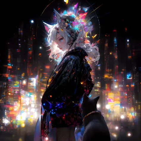 Onegirl、Super masterpiece、Insanely detailed infographic drawings、neons 、Glitter cat ears、Blonde Girl Cyberpunk Vast Photography Breaktree Production Art、Fractal Art 、Lots of black and silver、Intricate purple details、Volumetric lighting、BREAK Realism(​maste...