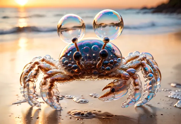 Photo of a transparent crab made of soap bubbles, walking on beach, ocean waves in the background, highly detailed, golden hour