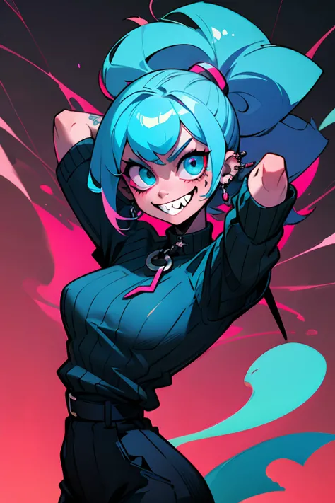 kpop girl, psycho minacing laugh, arms on back stays hidden, blue neon cyan colored hair, lust, bad ass, black, shows open smile sharp teeth, fadecut blue neon cloud style hair, tattoos on hands and neck, piercing, black mixed pink striped sweater, cool ba...