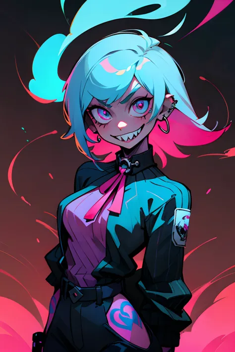 kpop girl, psycho minacing laugh, arms on back stays hidden, blue neon cyan colored hair, lust, bad ass, black, shows open smile sharp teeth, fadecut blue neon cloud style hair, tattoos on hands and neck, piercing, black mixed pink striped sweater, cool ba...