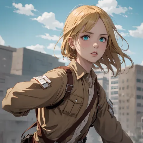 Attack on titan, blonde hair with bangs, turquoise eyes