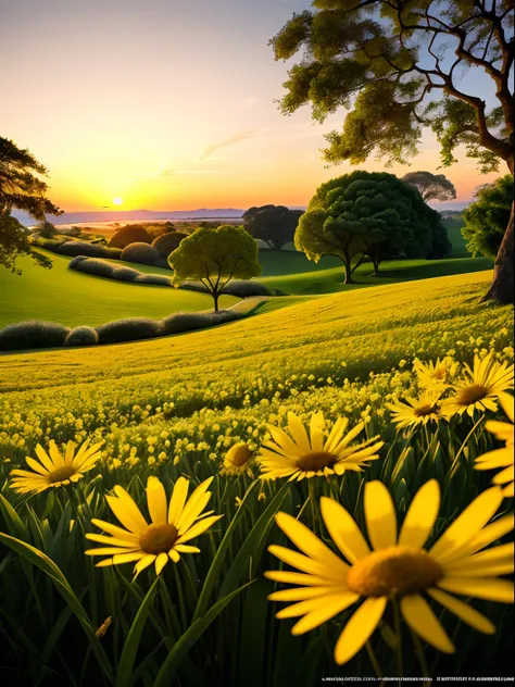 Realistic photo, master part, A spring morning at sunrise with the sweet scent of life, em um prado aberto