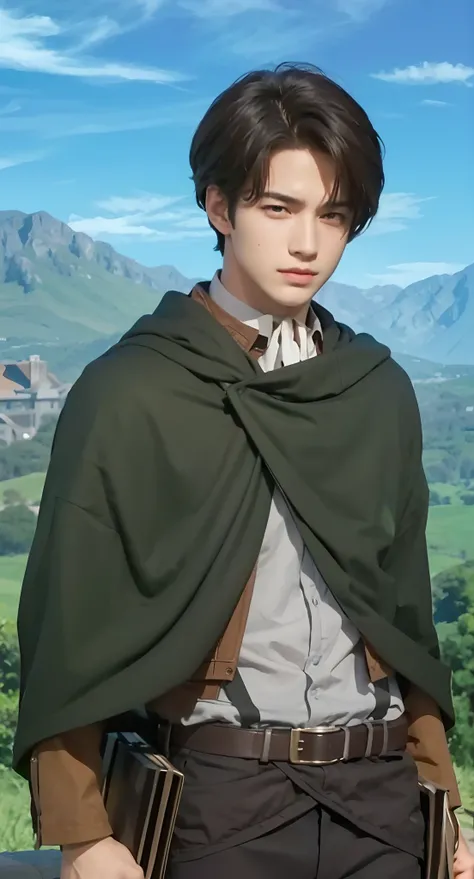 Real life adaption of this character , teen handsome face, realistic same hair, realistic same outfit, hyper realistic, realistic same background, realistic light, realistic shadow, realism, (photorealistic:1.2)