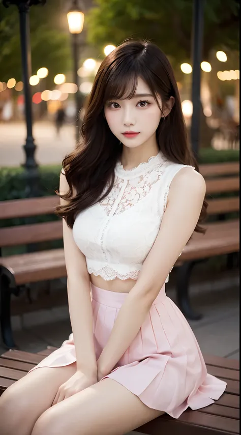 ((upper body)), Shot from a random perspective, 20-year-old Asian model, slim, Slimming the waist, Heavy makeup, Gorgeous makeup, delicated face, cabellos largos dorados, curlies, Pink lace shirt, White pleated skirt, slender leg, Cross ed leg, In the park...