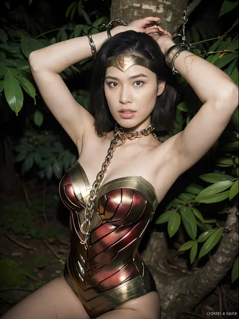 1girl, beautiful girl, wonder woman, (((shackles on tree)), ((shackles and arms down, chain leads, metal collar, wrists tied)), ...