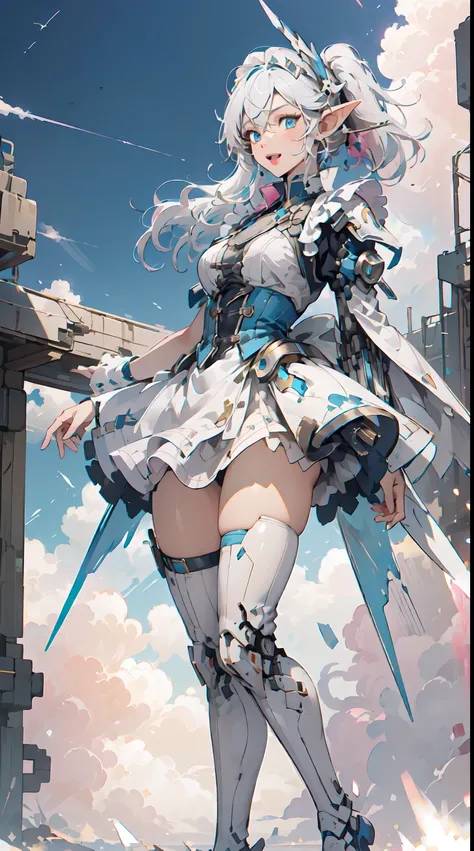 (Masterpiece, Best Quality, great, Highly detailed ajectar Unity、8k wallpaper, Depth-of-field, super fine-illustration:1.5)、3D, Extremely detailed, (Victorian maid cloth, mecha leg, mecha hand: 1.3), (1elf girl), sci-fi battlefield, hawken, Smile, Open mou...