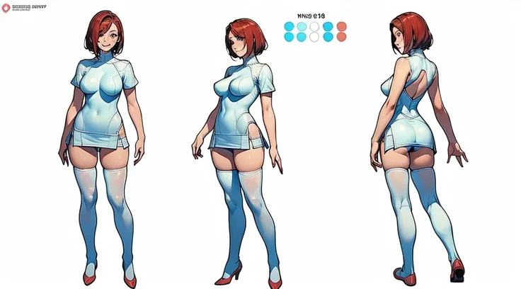 ((Best Quality)), ((Masterpiece)), ((Realistic)) 19 year old, redhead girl, shoulder length hair, relaxed happy face ((slender)) (busty), ((( white unitard ))) (( mini skirt )) ((sexy )) textured pixie haircut (((detailed character sheet, full body  fronta...