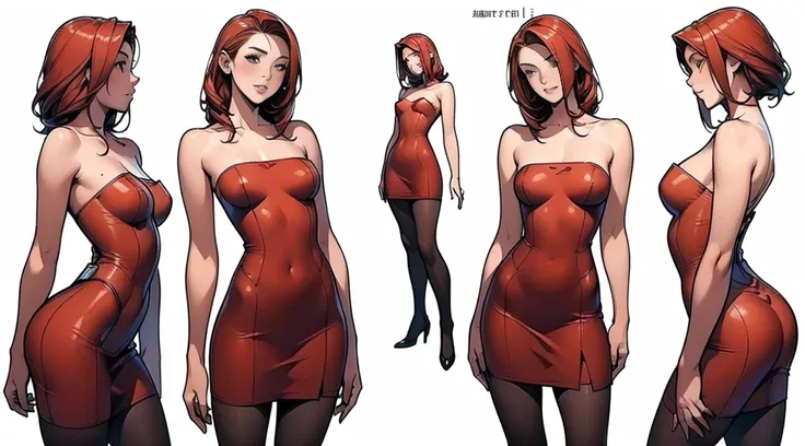 ((Best Quality)), ((Masterpiece)), ((Realistic)) 19 year old, redhead girl, shoulder length hair, relaxed happy face ((slender)) (busty), ((( strapless red bodycon dress ))) (( mini skirt )) ((sexy )) textured pixie haircut (((detailed character sheet, fro...