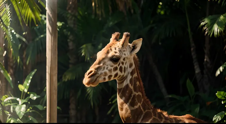 a hyper realistic photography of a giraffe in a zoo, Melbourne florida, no people, Nikon D850 DSLR 4k camera, 100mm lens, F 1.2 aperture setting, bright and natural lighting, vibrant, fun and relaxing atmosphere