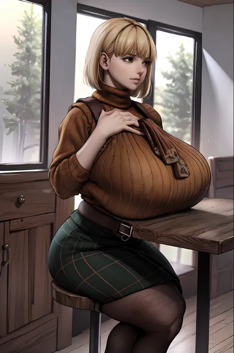 (masterpiece, best quality:1.2),((orange)ribbed turtleneck), sweater over shoulders, (green plaid skirt),(pantyhose),blonde hair...