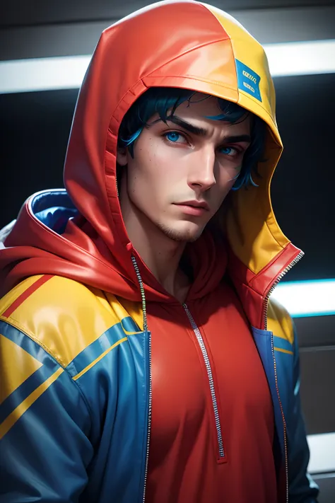 1 homem com olhos azuis, close-up da frente, vestindo um vermelho, amarelo, Capuz azul e colorido, Ultra Realistic Cyber Jacket with Green, capuz amarelo e vermelho e azul