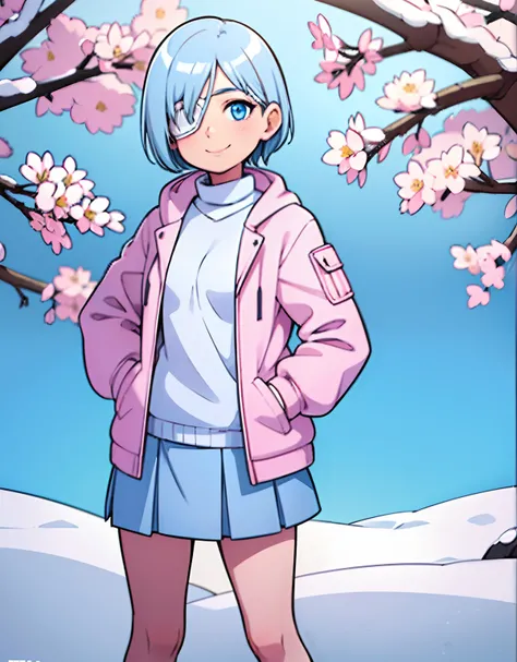 girl, short snow blue hair, small breasts, standing, smile, white medical eyepatch on right eye, pink winter jacket, white winter sweater, gray knee lenght skirt, hands on hips, looking at viewer, outside, near tree, (road:0.6), pov, looking at viewer, fac...