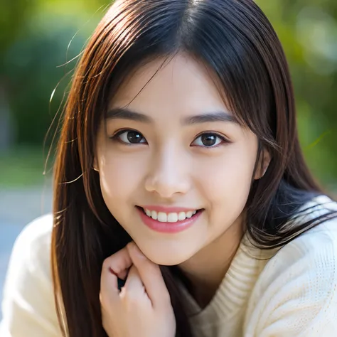 (Best-Quality, Masterpiece, Ultra-High-Resolution, (Photorealistic:1.4), Raw-Photo, Hyper-Detailed), 1girl, (Japanese famous actress), wearing loose sweater, portrait, face focus, (twinkle smile, looking at viewer), ((extremely cute face like a the most po...