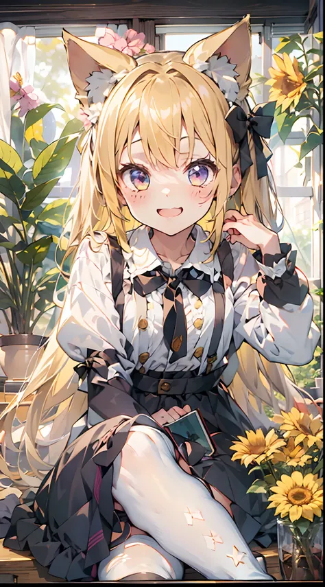 1girl, animal ears, flower, solo, twintails, long hair, cat ears, looking at viewer, long sleeves, dress, smile, purple eyes, window, indoors, animal ear fluff, sitting, bow, sunflower, shirt, white shirt, pinafore dress, black dress, bangs, hair bow, ribb...