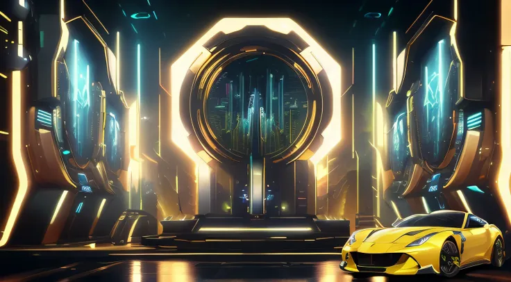 a yellow sports car is parked in front of the stage，stage set, futuristic setting, surreal sci fi set design, futuristic casino,...