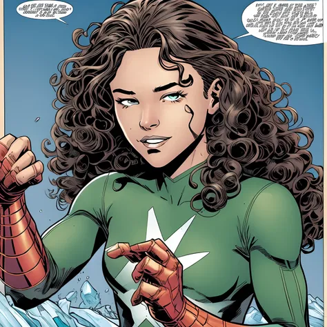 Marvel comic panel, brown skin teenage girl 3b curls and green eyes with ice powers