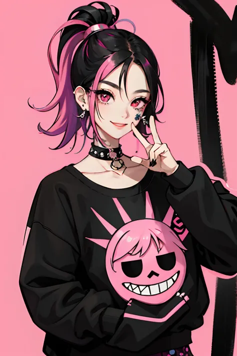 kpop girl with rizz smile face, bad ass, black,pink hair, tattoos on hands and neck, piercing, black mixed pink striped sweater, cool badass pose, smoke background