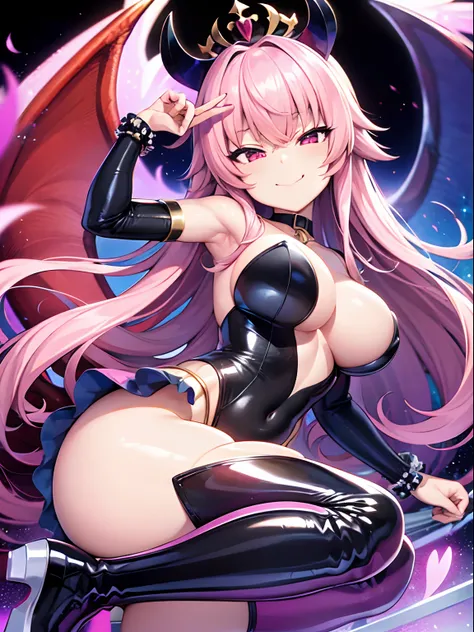 Character Sheet, Highly detailed and realistic CG, Colorful, masutepiece, Best Quality, Eyes Like Gems, 1girl in, Solo, Pink hair, Shiny hair, Long straight hair, slender, Skinny Legs, Succubus Costume, Layered mini skirt, Luxury Boots, violet eyes, Large ...