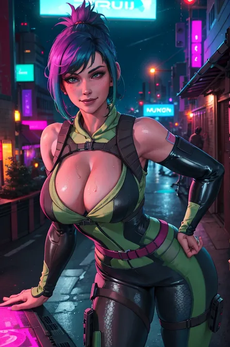 3girls, extremely detailed, realistic face, masterpiece, extremely detailed, best quality, curvy woman, shiny skin, ginormous breasts, bare shoulder, revealing minidress, cleavage, skinny waist, long pink hair, sweat drops, standing together, cyberpunk bar...