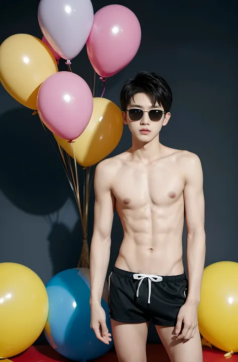 14-year-old Korean teen boy shirtless in speedos, standing with big balloon between legs, thin slim body, hugging balloons, popping balloons, youthful, athletic teenager, cute, black military sunglasses, photography, indoor soft lighting