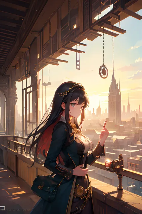 Create an illustration depicting a little girl overlooking a steampunk cityscape. The girl should be standing in a vantage point, Rooftops, bridges, etc., Look down on the intricately designed steampunk city below. The cityscape should be meticulous and de...