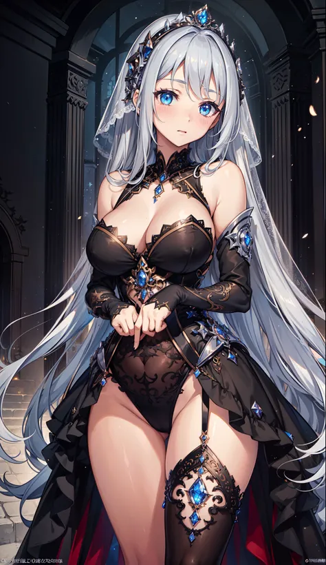 1 girl, (((ultra-detailed))), ((masterpiece)), ((illustration)), sensual, starlight saintess, black ornate dress, curvaceous woman, head veil, long silver hair, fair skin, droopy eyes, starry eyes like the night sky, bust up, facing forward