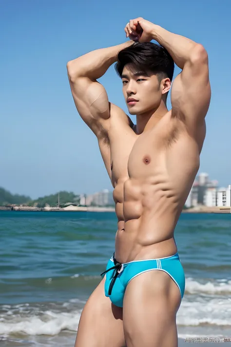 Masterpiece, Best Quality, Solo, Korean Men, Whole body, Beach background, bodybuilder, Muscular body, big muscle, Natural eyes, Short and delicate hair, Sexy Man, looking up at viewer, Triangle Mens Swimwear, Large protrusions, Erection, standing, Muscula...