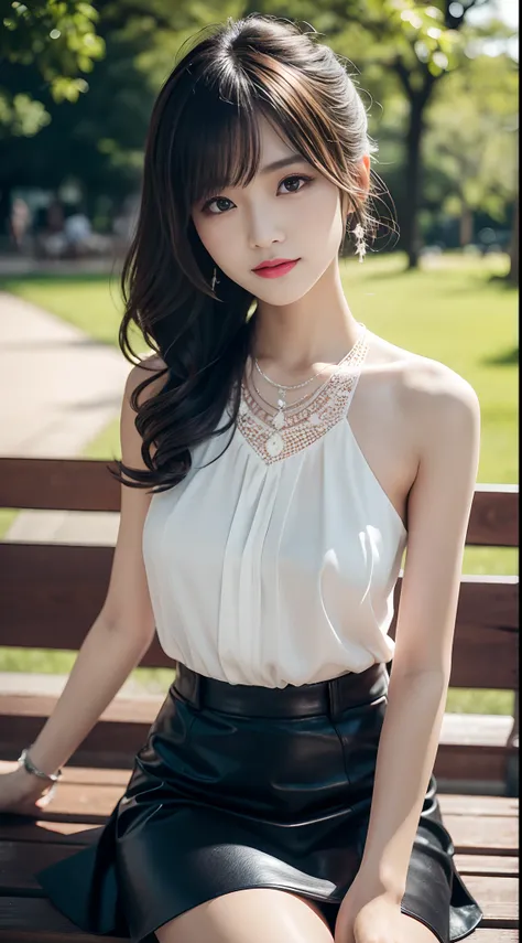 ((cowboy shot)), Shot from a random perspective, 20-year-old Asian model, slim, Slimming the waist, curlies, White lace shirt, black short skirt, slender leg, Cross ed leg, In the park, Sit Pose, sitting on a bench, blonde hair, streaked hair, hair ornamen...