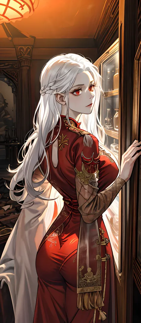 1female, White hair, Red eyes, (woman，Royal Sister_Shot:1.2), ass focus, Long hair, side locks,Dangerous expressions，Extreme panic，Close-up of the butt front，After being violated ，Scared,(terrified:1.1) expression,Watching from behind，Back view, Atmospheri...