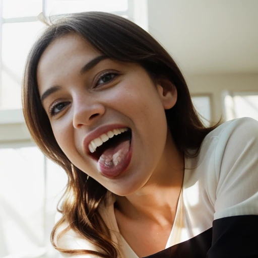 a woman, mouth open, tongue out, wide smile, happy face, extreme midday sun, toplit, frontlit, cute, seductive, white caucasian, sharp focus, dslr, professional , stunning, very detailed, aesthetic, ultra realistic, wholesome, warm light, low cut blouse, d...