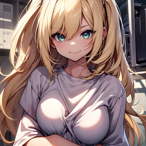 one girls、blondehair、Emerald Eye、a short bob、Enlarged depiction of the upper body、masutepiece、超A high resolution、No background, thin、Smile and signal、Smile with your mouth wide open、Cute smile、Detailed limb depiction、Large size white T-shirt、