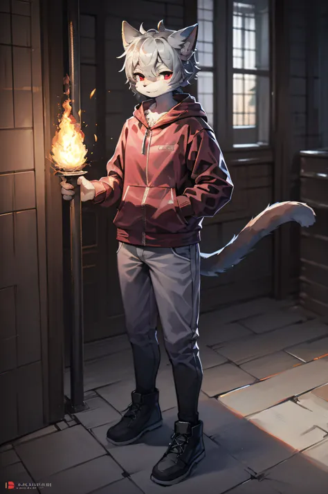 Masterpiece, high quality, digital painting/(artwork/), (anthro, fluffy fur), anthro male cat, short hair, eyes with brightness, panoramic view, (full body fur, fluffy tail, grey fur, red eyes, gray hair), blacksmith outfit, high detail background, forge, ...