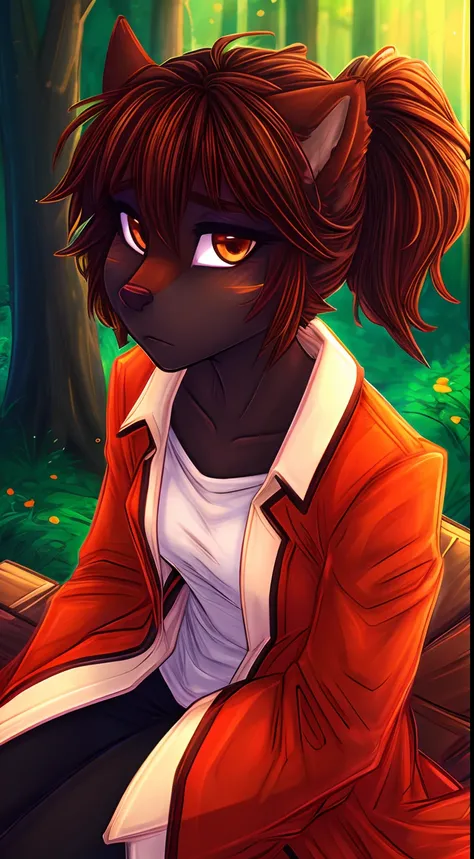 Vixen,1woman,masterpiece,best quality,shy,reserved,black skin,fur with orange strokes,thin,small breasts,tall,skinny,art style by dimwitdog,sitting in the forest,dusk,brown dark hair, short ponytail hair, face closeup, messy hair, looking at viewer,shy,det...