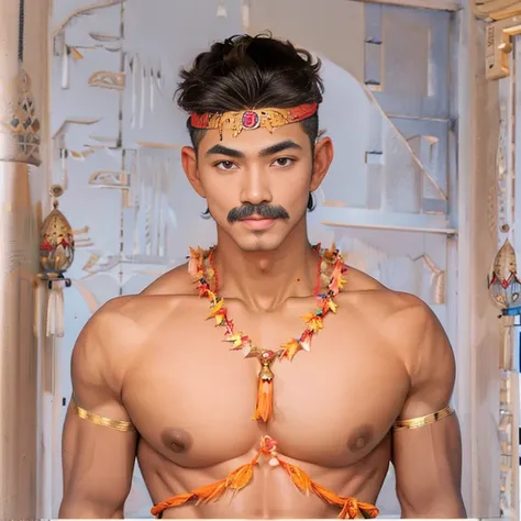 masuter piece、well built、jefri nichol a javanese Male、Age 15、Hot Guy、lite moustache, muscular、macho、wearing majapahit kingdom costume, gold head band, gold shoulder band, gold necklace, gold crown, hair bund,  long-haired、Fade Cut、bodybuilder, Large body、l...