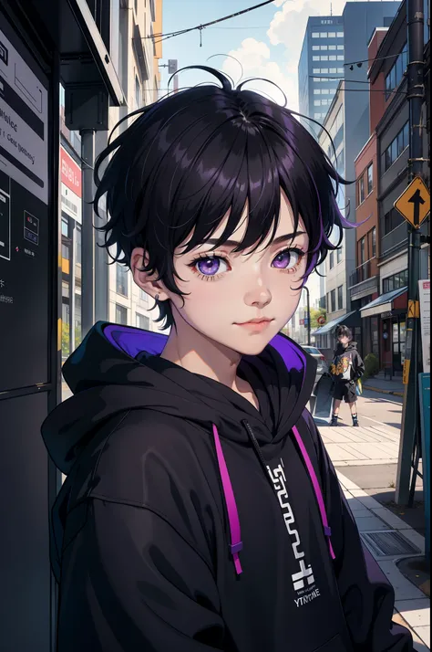 Young boy, 1boy, short, Bus stop, Purple eyes, Black hair, Messy hair, bangs between eyes, Best quality, day, Masterpiece, Colorful, Black hoodie, Upper body, wearing headphone, view the viewer, A slight smil, cunning, Face focus, Dutch angle, 4k high defi...